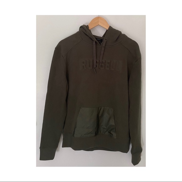 Womens unisex Russell Athletic embossed logo hoodie jumper front pocket green - Picture 2 of 8